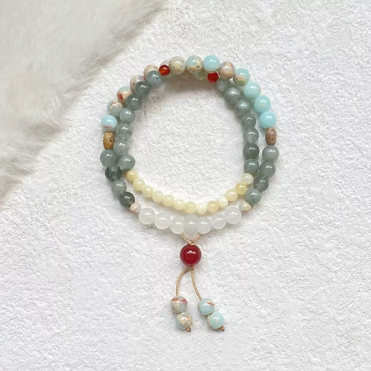 Eastern Harmony & Fortune Bracelet – Handcrafted Beaded Mala with 3D Floating Display Frame